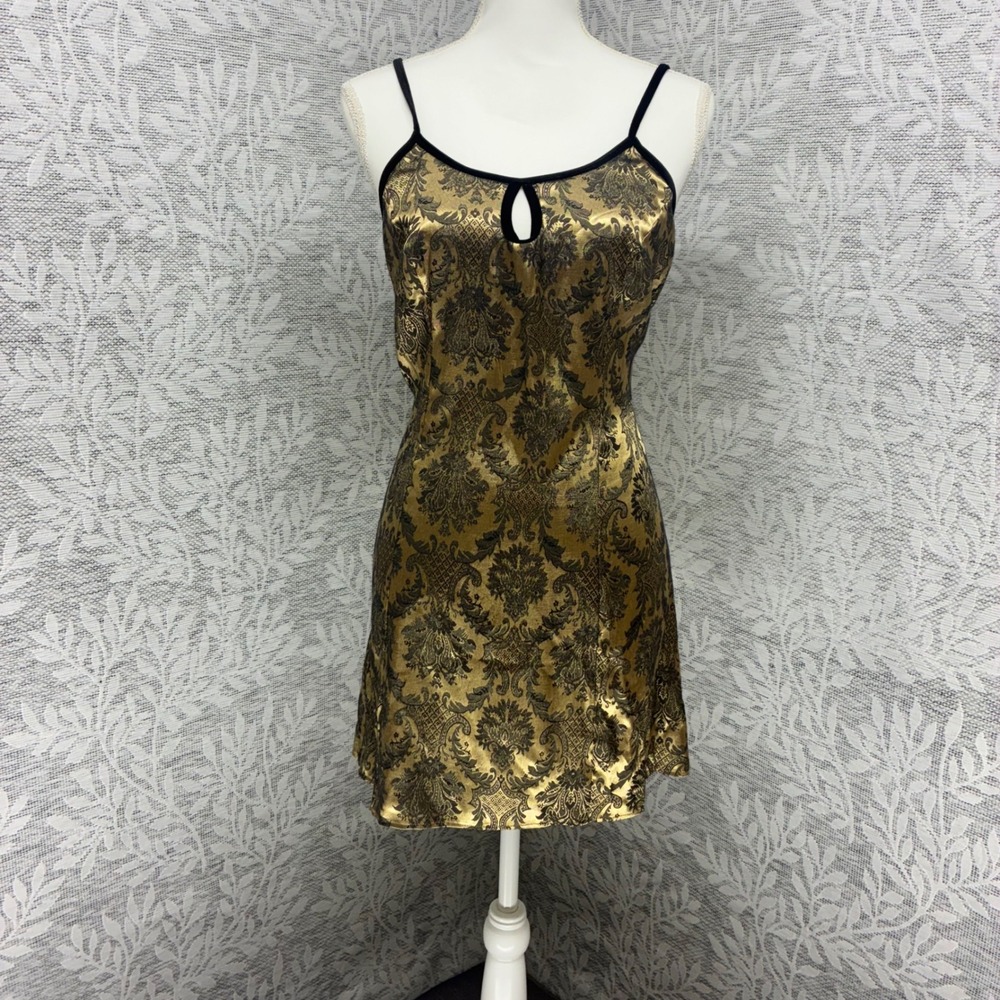 Vtg Victorian Romance Boudoir Damask Chemise Slip Dress Small Gold Black Goth